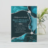 Invitation Fête d'anniversaire agate bleu sarcelle et paillet (Debout devant)