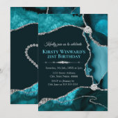 Invitation Fête d'anniversaire agate bleu sarcelle et paillet (Devant / Derrière)