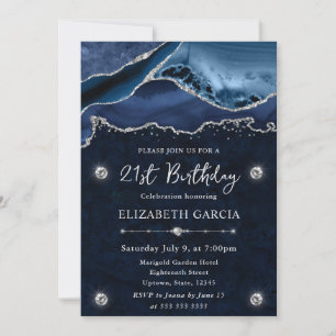Invitation Fête d'anniversaire Agate Pailletée Bleu Argenté