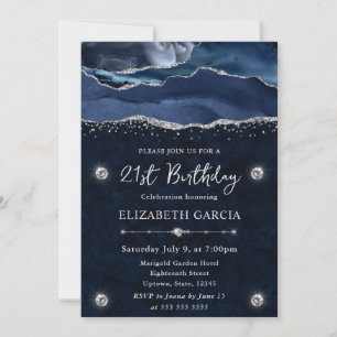 Invitation Fête d'anniversaire Agate Pailletée Bleu Argenté