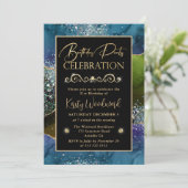 Invitation Fête d'anniversaire agate paillettes bleu & vert & (Debout devant)