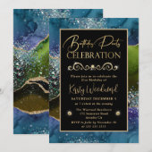 Invitation Fête d'anniversaire agate paillettes bleu & vert & (Devant / Derrière)