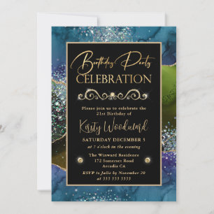 Invitation Fête d'anniversaire agate paillettes bleu & vert &