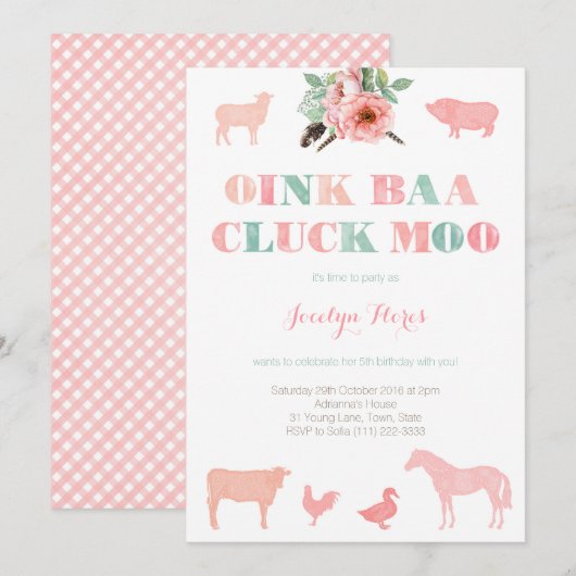 Invitation Fête D'Anniversaire Agricole Pour Fille, Oink Baa  (Devant / Derrière)