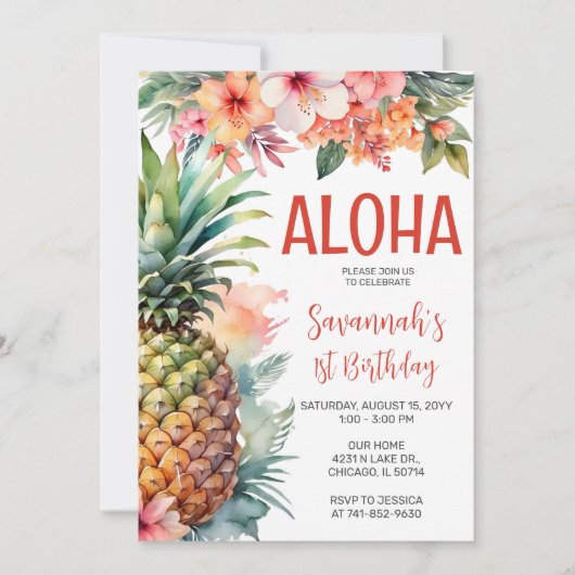 Invitation Fête d'anniversaire Aloha hawaïenne (Devant)