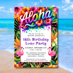 Invitation Fête d'anniversaire Aloha Tropical Flamingo Luau