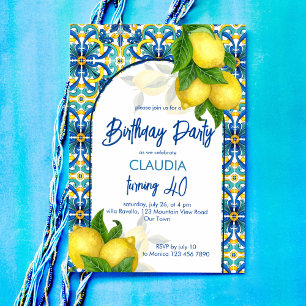 Invitation Fête d'anniversaire Amalfi Positano en tuiles bleu