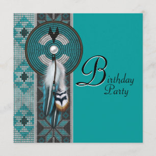 Invitation Fête d'anniversaire amérindienne bleu turquoise