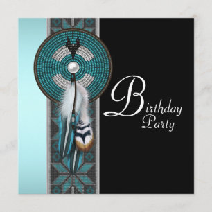 Invitation Fête d'anniversaire amérindienne bleu turquoise