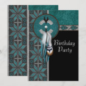 Invitation Fête d'anniversaire amérindienne Turquoise Bleu (Devant / Derrière)