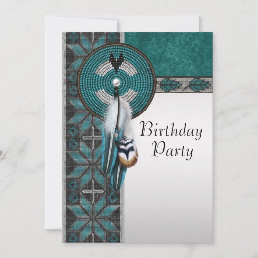 Invitation Fête d'anniversaire amérindienne Turquoise Bleu (Devant)