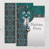 Invitation Fête d'anniversaire amérindienne Turquoise Bleu (Devant / Derrière)