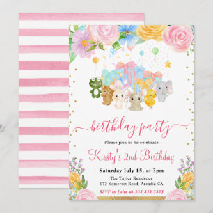 Invitation Fête d'anniversaire Animaux amis floraux à l'aquar