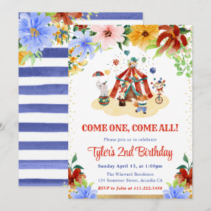 Invitation Fête d'anniversaire Animaux de cirque Floral Aquar
