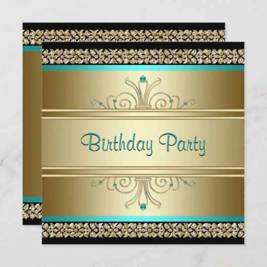 Invitation Fête d'anniversaire Aqua Bleu Sarcelle et Or (Devant / Derrière)