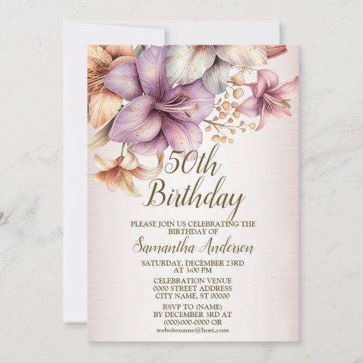 Invitation Fête d'anniversaire aquarelle Boho rose Fleur élég (Devant)