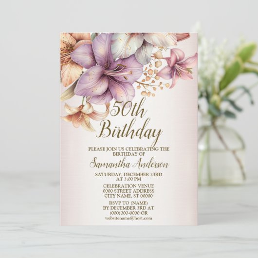 Invitation Fête d'anniversaire aquarelle Boho rose Fleur élég (Debout devant)