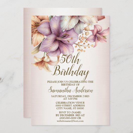 Invitation Fête d'anniversaire aquarelle Boho rose Fleur élég (Devant / Derrière)