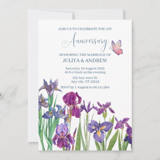 Invitation Fête d'anniversaire aquarelle fleur d'iris  (Devant)
