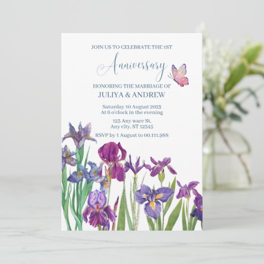 Invitation Fête d'anniversaire aquarelle fleur d'iris  (Debout devant)