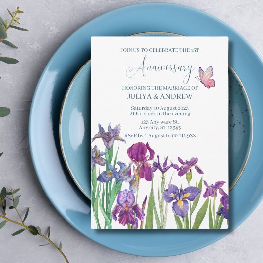 Invitation Fête d'anniversaire aquarelle fleur d'iris 