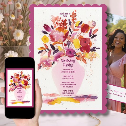 Invitation fête d'anniversaire Aquarelle Fleurs Va