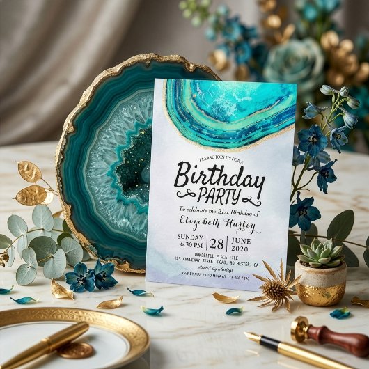 Invitation Fête d'anniversaire Aquarelle Géode d'agate sarcel