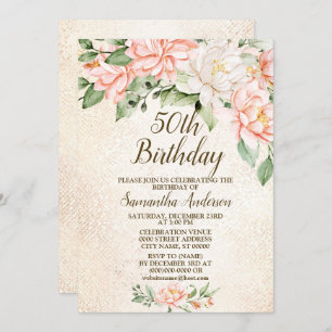 Invitation Fête d'anniversaire Aquarelle Pêche Fleurs blanche