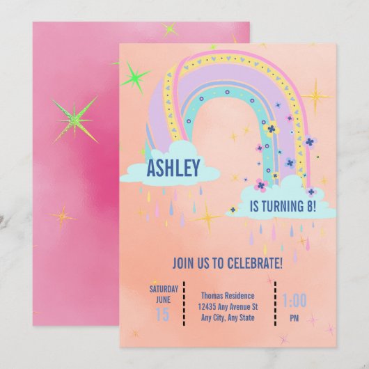 Invitation Fête d'anniversaire arc-en-ciel (Devant / Derrière)