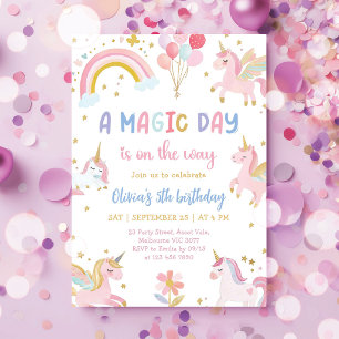Invitation Fête d'anniversaire arc-en-ciel licorne pastel mag