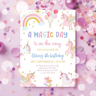Invitation Fête d'anniversaire arc-en-ciel licorne pastel mag