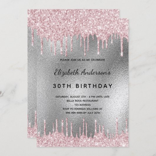 Invitation Fête d'anniversaire argent parties scintillant gou (Devant / Derrière)