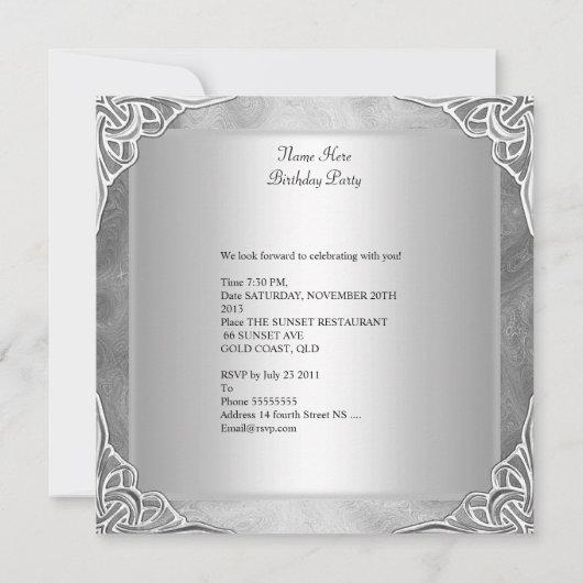 Invitation Fête d'anniversaire Argent sur Parties scintillant (Dos)