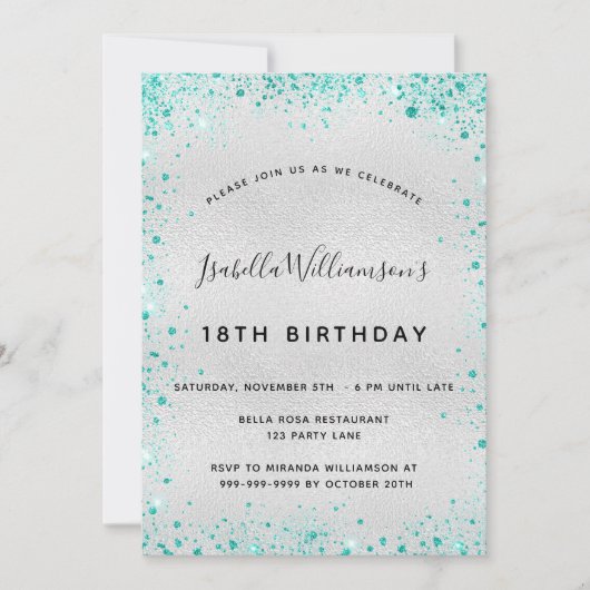 Invitation Fête d'anniversaire argent turquoise parties scint (Devant)