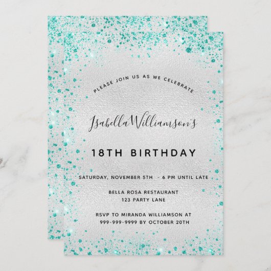 Invitation Fête d'anniversaire argent turquoise parties scint (Devant / Derrière)