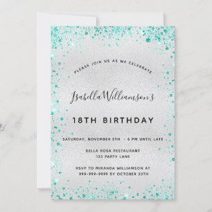 Invitation Fête d'anniversaire argent turquoise parties scint