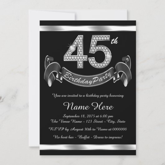 Invitation Fête d'anniversaire argentée 45 ans (Devant)