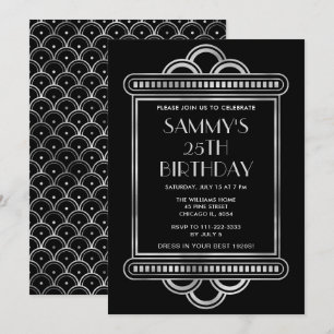Invitation Fête d'anniversaire Art Déco Argent et Noir