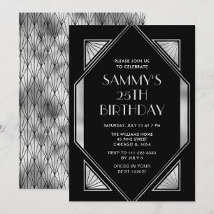 Invitation Fête d'anniversaire Art Déco argent et noir