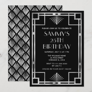 Invitation Fête d'anniversaire Art Déco Argent et Noir
