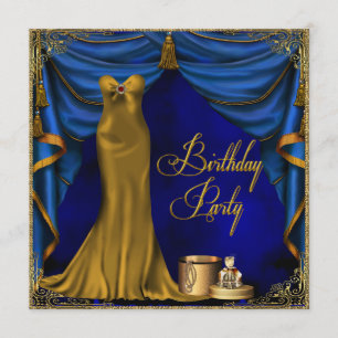 Invitation Fête d'anniversaire Art Déco bleu royal féminin en
