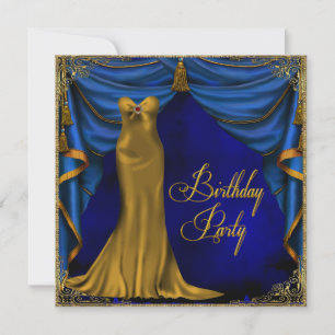 Invitation Fête d'anniversaire Art Déco bleu royal féminin en