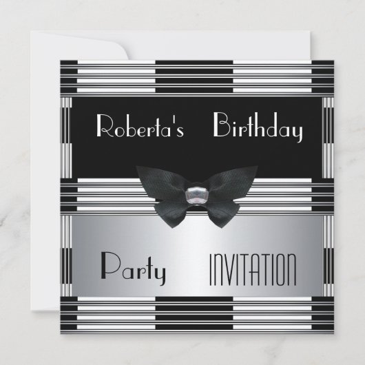 Invitation Fête d'anniversaire Art Déco Noir Argen (Devant)