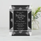Invitation Fête d'anniversaire Art Déco Noir Argent Chrome (Debout devant)