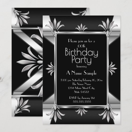 Invitation Fête d'anniversaire Art Déco Noir Argent Chrome (Devant / Derrière)