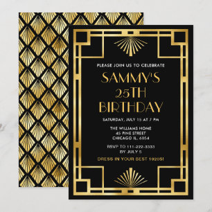 Invitation Fête d'anniversaire Art Déco or et noir