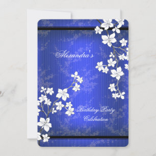 Invitation Fête d'anniversaire asiatique bleu fleur noire bla