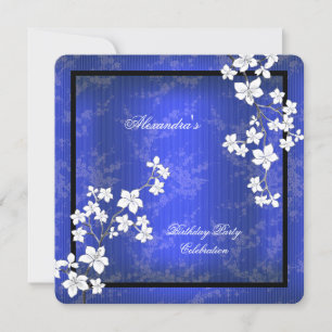 Invitation Fête d'anniversaire asiatique bleu fleur noire bla