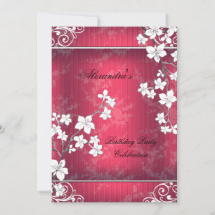 Invitation Fête d'anniversaire asiatique Fleur rouge et blanc