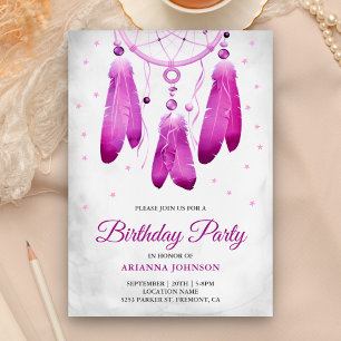 Invitation Fête d'anniversaire Attrape-rêves Violet Bohème Ru